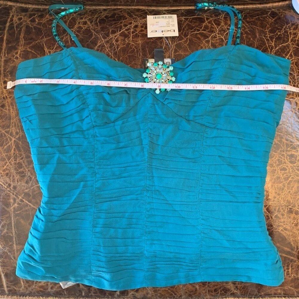 Vintage Y2K Bebe Teal Silk Pleated Cami Top Jeweled Brooch NWT Small - Picture 6 of 8